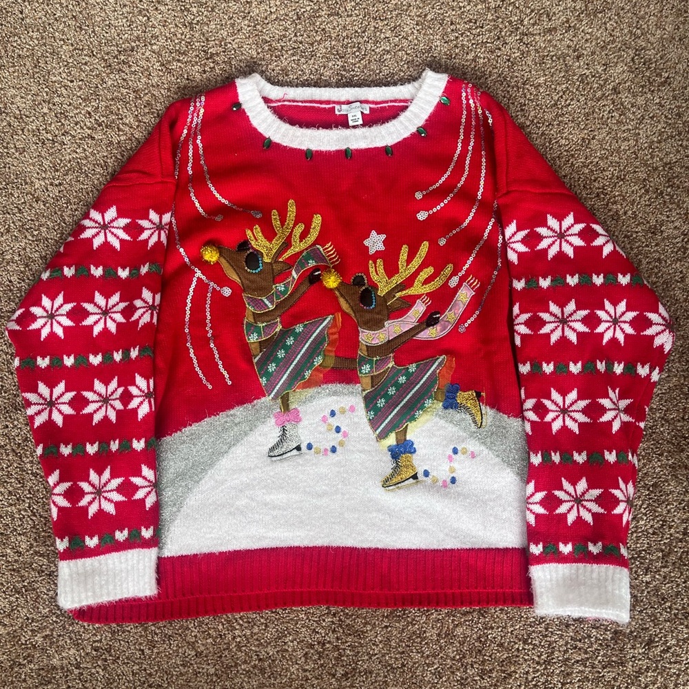 NWOT Red Glitter Sequin Reindeer Christmas Holiday Sweater